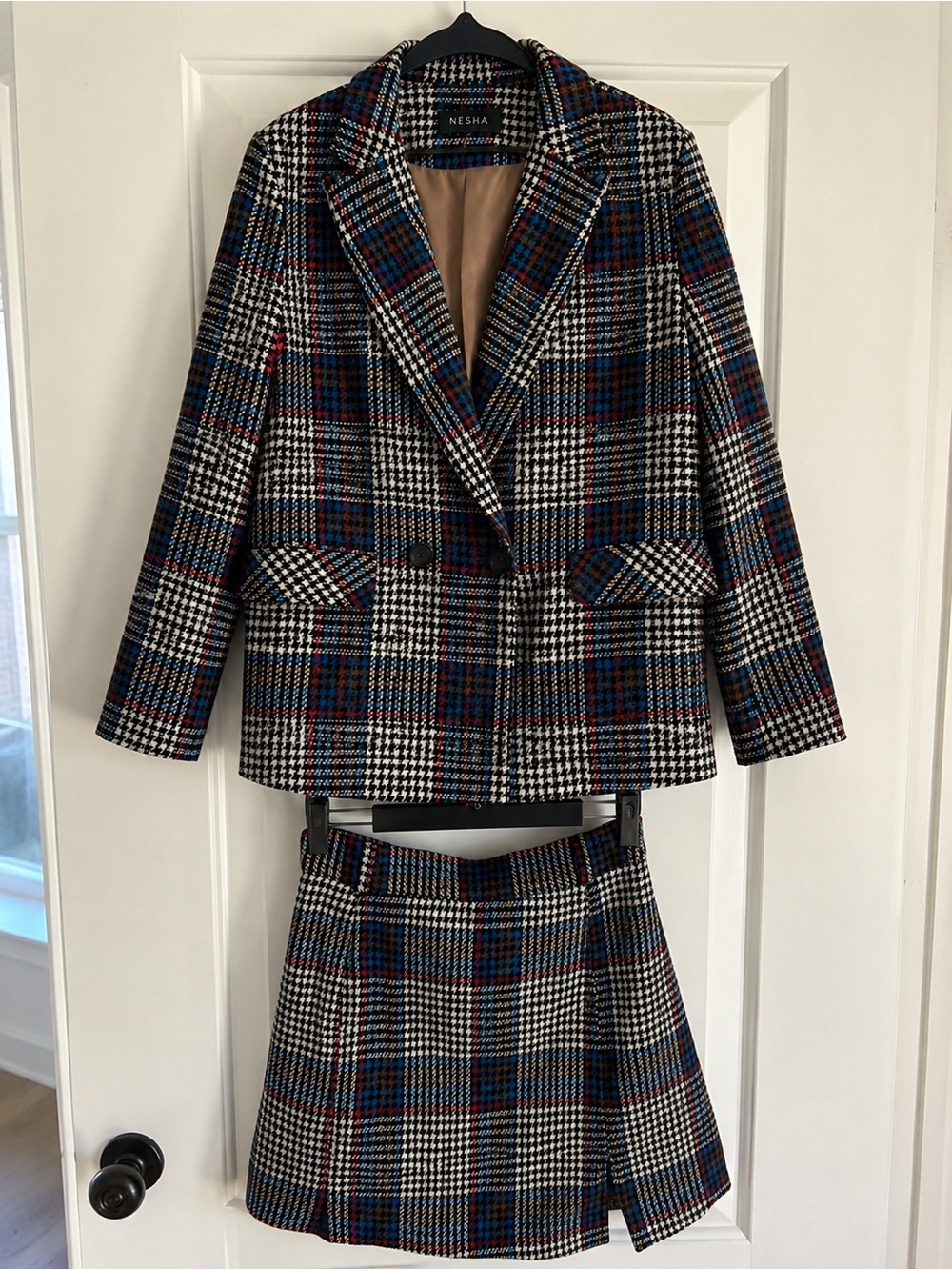 Plaid Blazer & Skirt Set - Black, White & Blue